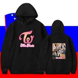 Kpop merch hoodie featuring a logo and group photo; perfect for fans of popular Kpop groups.