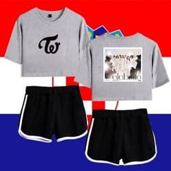 Cute Kpop merch hoodie and shorts set perfect for fans.