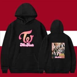 Bright pink TW logo hoodie featuring K-pop merch style design.