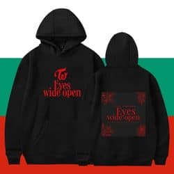Limited edition K-pop merch hoodie featuring iconic Eyes Wide Open design, perfect for fans.