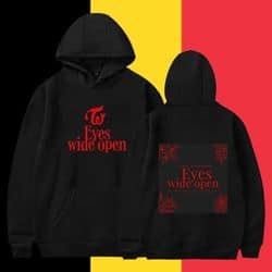 Kpop merch hoodie with eye-catching red text and design on black fabric.