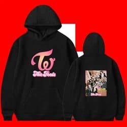 Kpop merch hoodie featuring a pink logo and a printed back design, perfect for fans of Korean pop music.