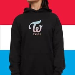 Kpop merch black hoodie featuring TWICE logo, perfect for fans of the popular K-pop girl group.