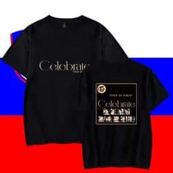 Kpop merch black t-shirt with "Celebrate" text and vibrant color accents, perfect for fandom fans.