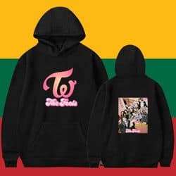 High-quality Kpop merch hoodie featuring TWICE logo and group photo print, perfect for fans and collectors.