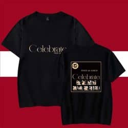 Kpop merch black T-shirt with "Celebrate" design and Korean text, perfect for K-pop fans and fans of K-pop-inspired fashion.