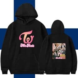 Comfortable black K-pop hoodie with colorful TWICE logo and group photo, perfect for fans of Korean pop music.