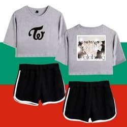 Kpop merch casual grey t-shirts and shorts set featuring popular band artwork and logo.