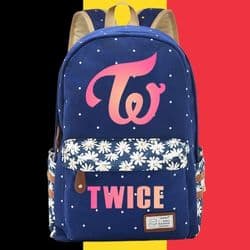 Vibrant blue TWICE K-pop merchandise backpack featuring floral and logo design, perfect for fans to showcase their love for the group.