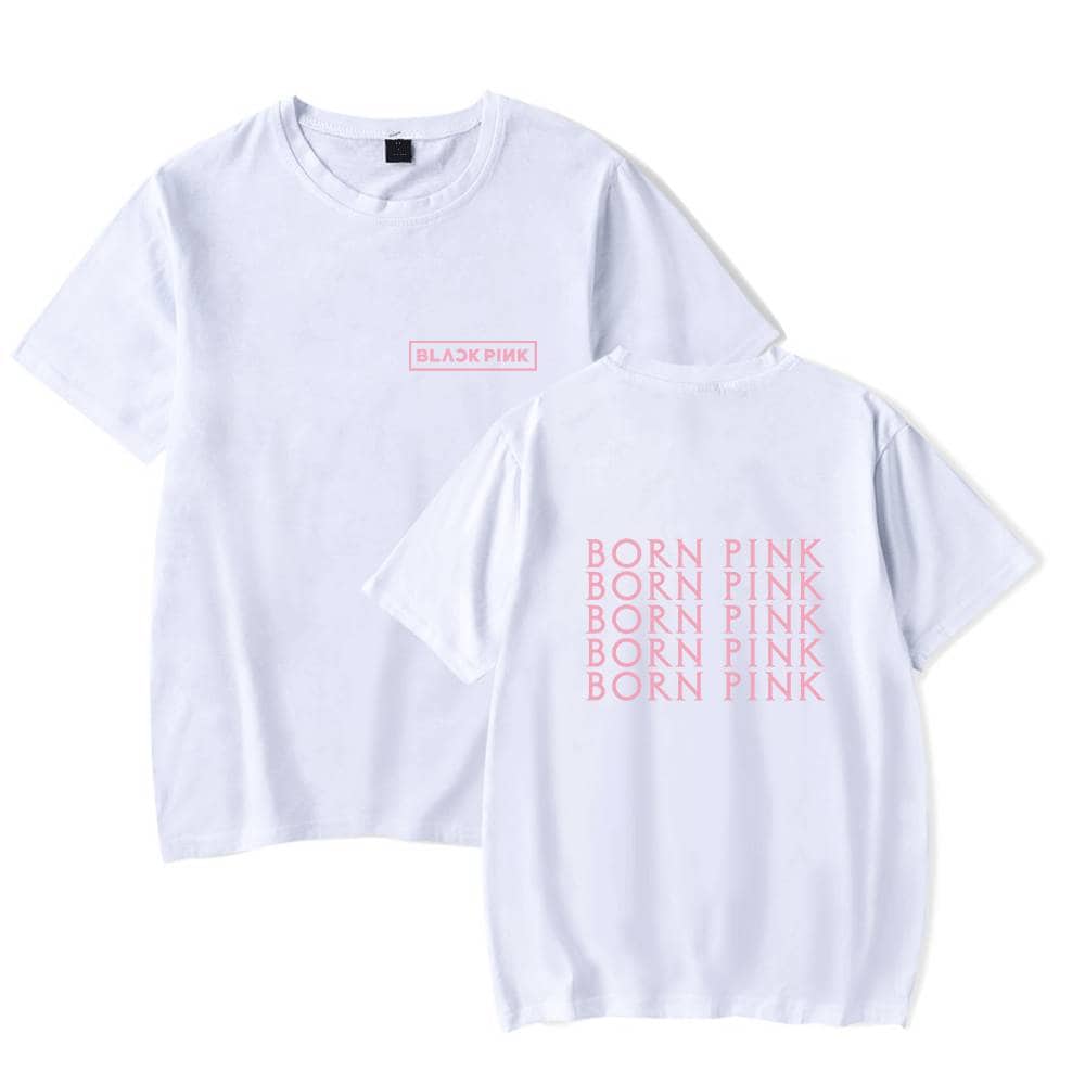 Blackpink pink and white graphic T-shirts featuring band logo and slogans, perfect for K-pop enthusiasts and fans.
