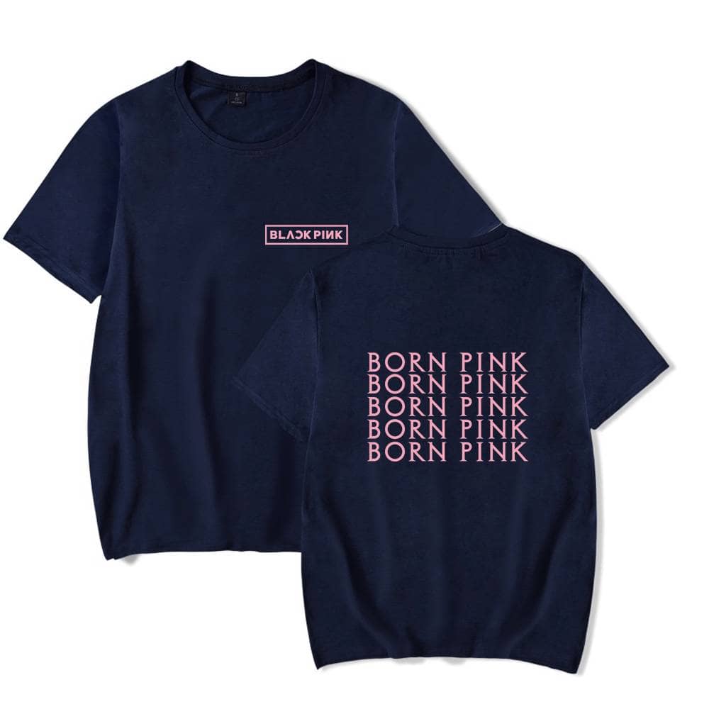 Black pink kpop merchandise t-shirt with pink text design.