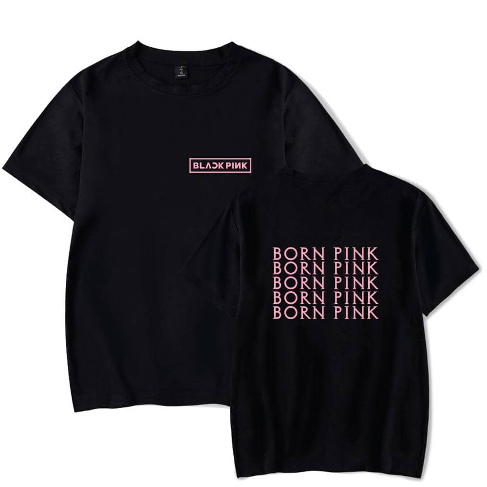 Black K-pop merchandise T-shirts featuring BLACKPINK designs with pink text and logos.