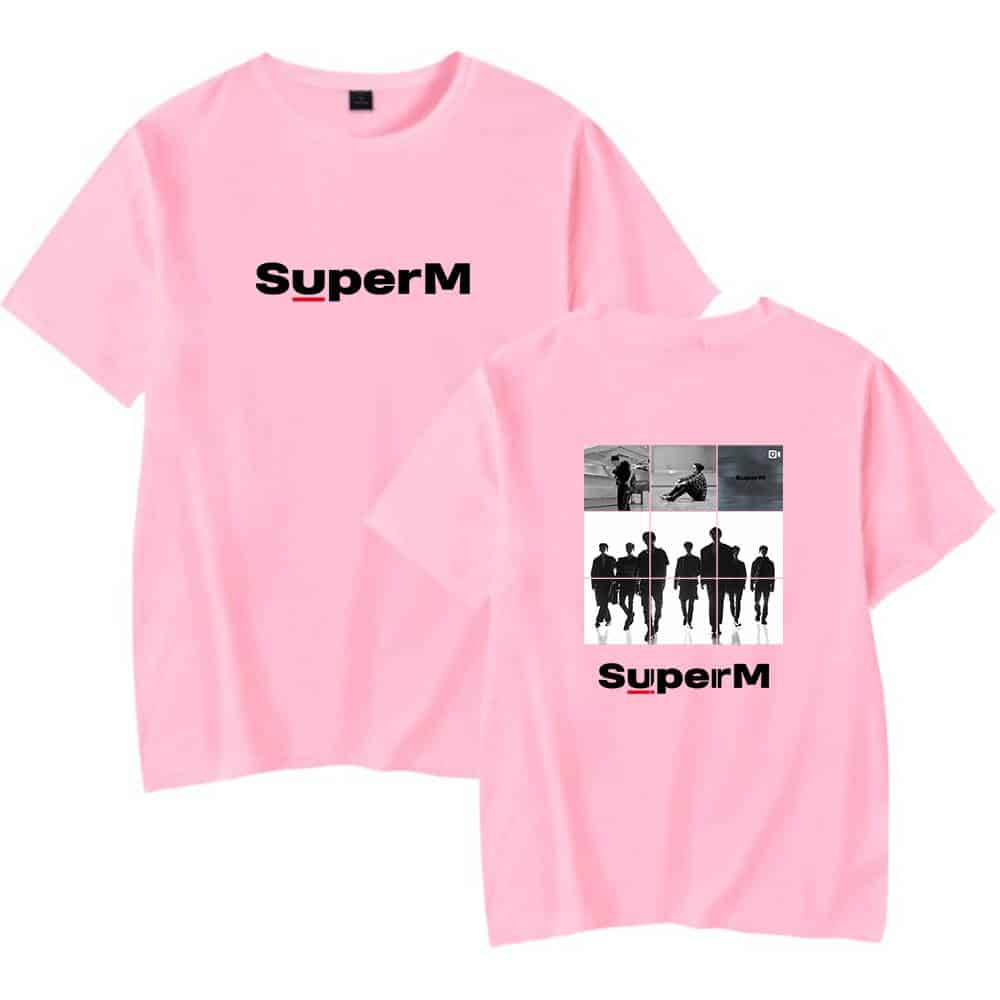 SuperM pink graphic T-shirts for K-pop fans, featuring bold designs and band silhouettes, perfect for showcasing your love for the group and stylish streetwear looks.