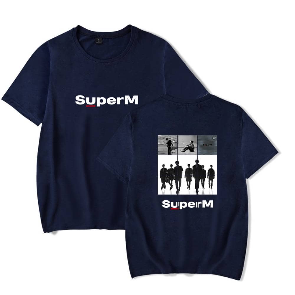 Superm kpop merch navy blue t-shirt with group silhouette print and text design, casual fan apparel for BTS supergroup fans.
