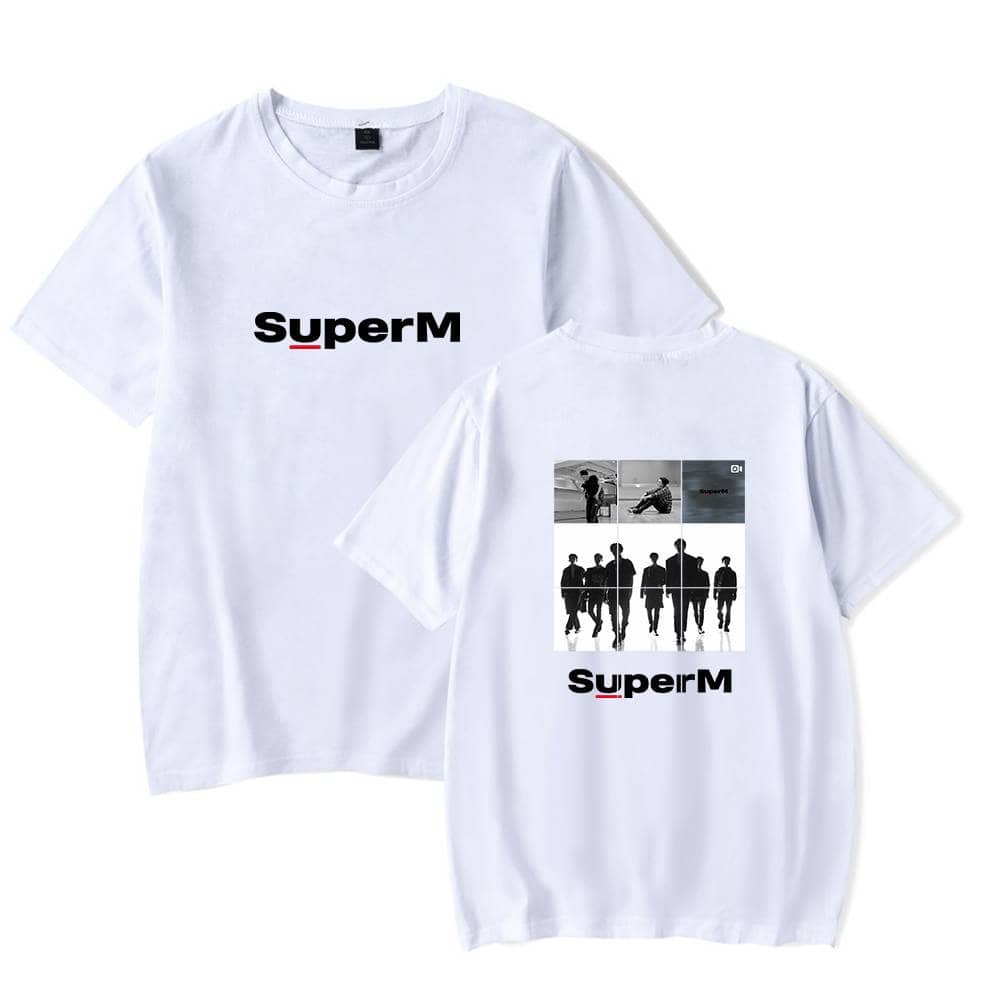 SuperM K-pop merchandise t-shirts with band logo and group photo design, perfect for fans of the popular K-pop group SuperM. Stylish and comfortable apparel for K-pop enthusiasts.