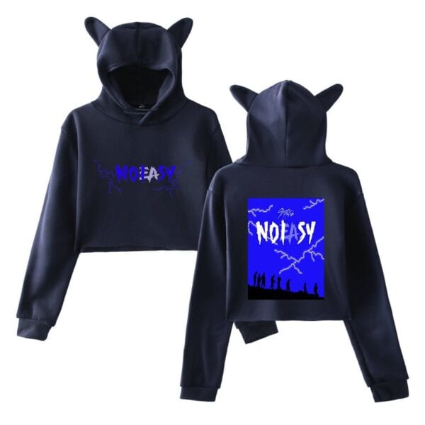Black hoodie with cat ears and graphic design, perfect for K-pop merchandise fans, stylish and trendy.