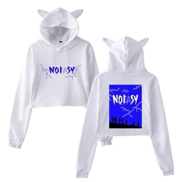 Youth white hoodie and sweatpants set with blue graphic design and "NO EASY" text, featuring a lightning bolt pattern and silhouette of people, perfect for K-pop merchandise fans.