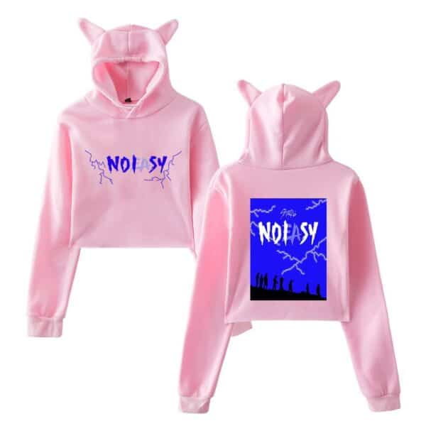 Noisy pink hoodie with cat ears, Kpop merch, trendy casualwear, cute music-inspired sweatshirt, cozy winter fashion for fans.