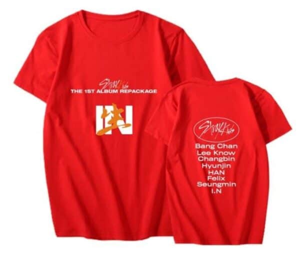 Red BTS K-pop merch t-shirt featuring album artwork and member names, perfect for fans to showcase their love for the group. Made from comfortable, high-quality fabric for everyday wear.