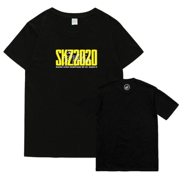 SKZ2020 black graphic T-shirt with bold yellow text and K-pop band logo, perfect for fans.