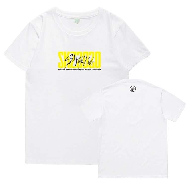 Skyso logo graphic t-shirt with bold yellow and black lettering, perfect for K-pop fans.