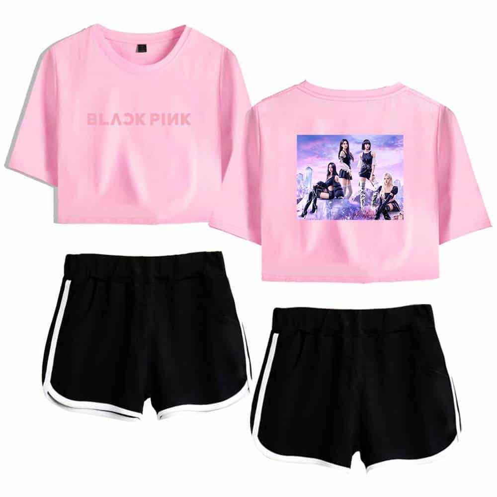 Blackpink cropped t-shirt and shorts set with band image.