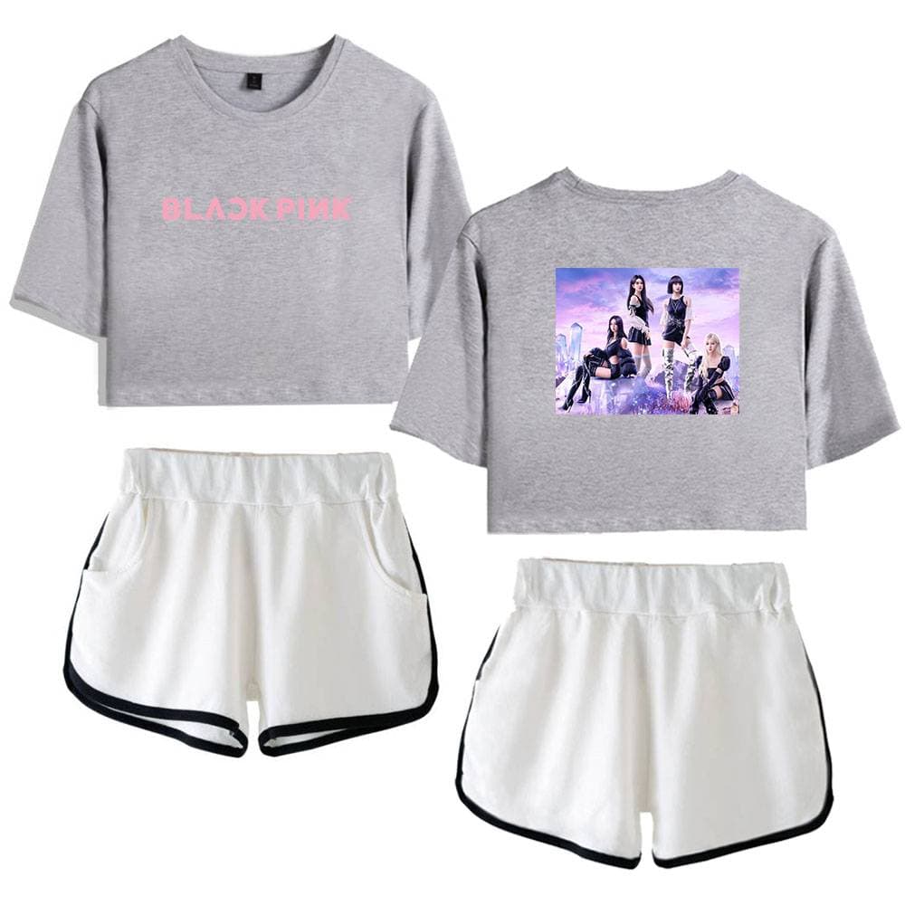 Cute K-pop merch set featuring a BLACKPINK crop top and graphic shorts with a group photo design. Perfect for fans to show their support and style.