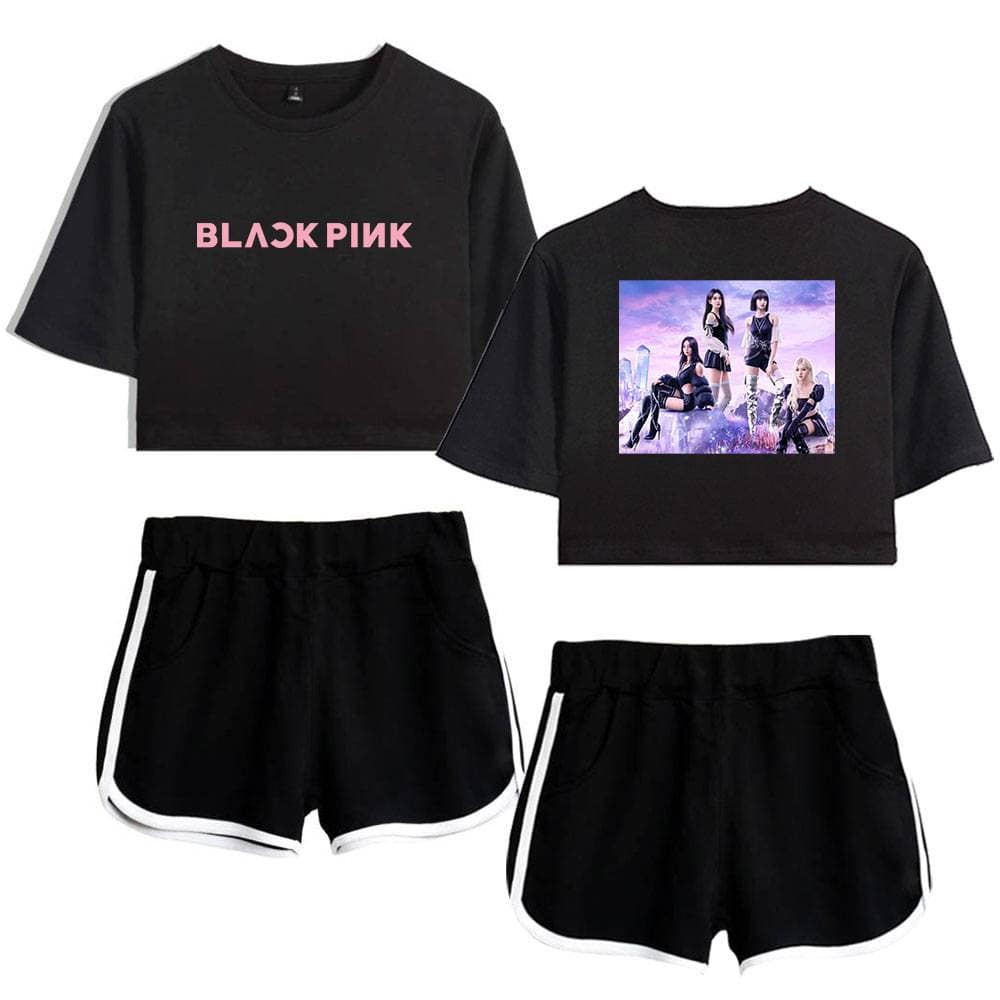 Black pink K-pop merch crop top and shorts set with girl group image and logo, trendy fashion for fans, comfortable casual wear.