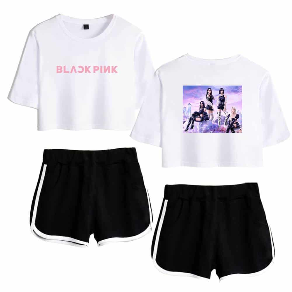 Blackpink crop top and graphic t-shirt paired with black athletic shorts with white trim, perfect for K-pop fans.