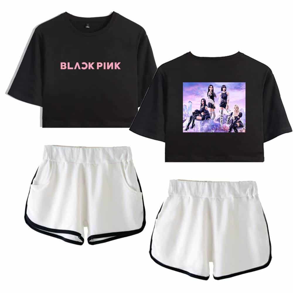 Blackpink group t-shirt and shorts fan merchandise with a photo of the members and the logo.