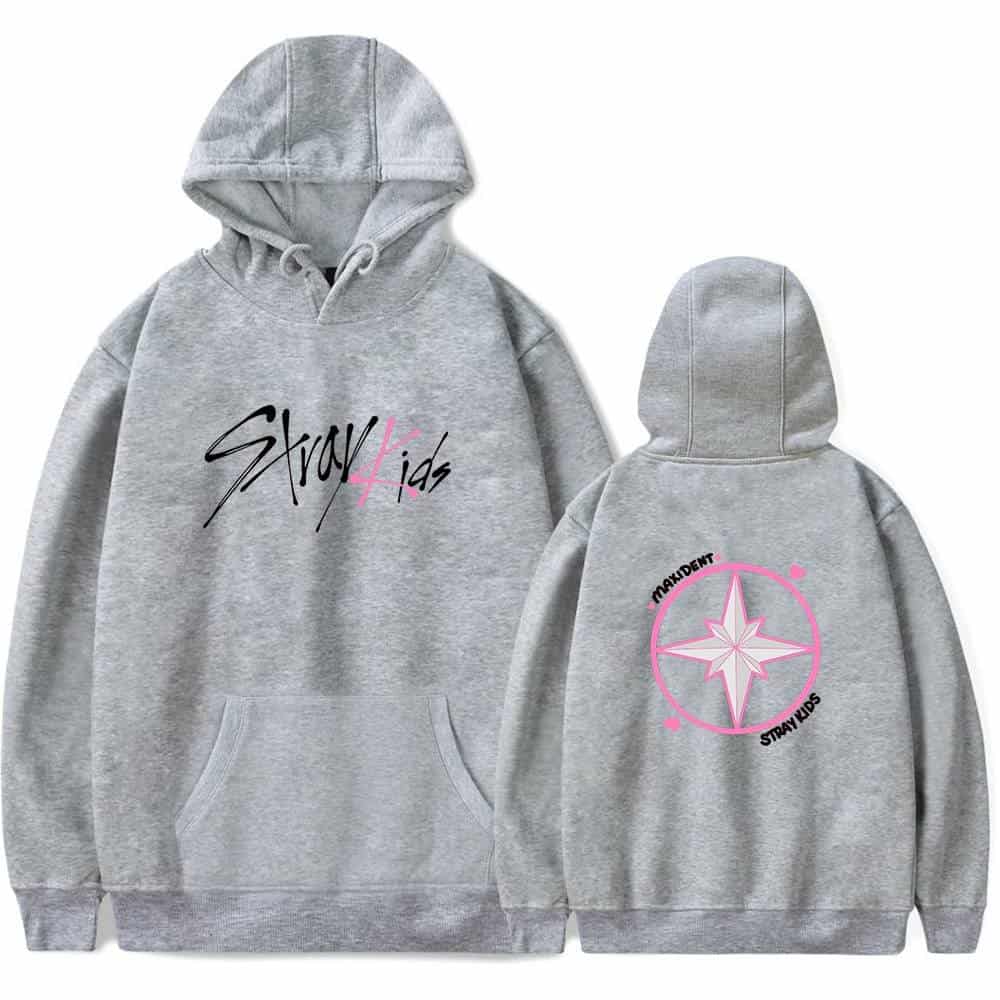 Comfy grey hoodie with "Stay4KIDS" graphic design, perfect for K-pop fans showing support for the group.