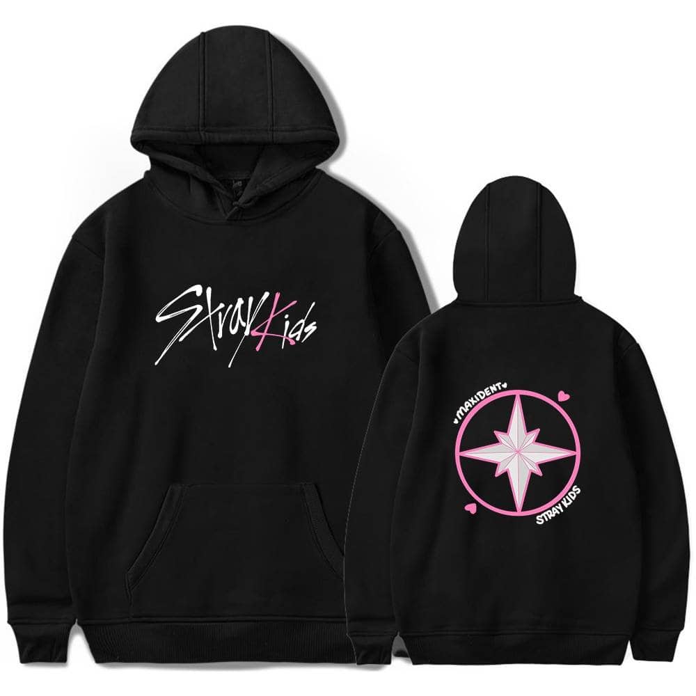Black K-pop hoodie featuring Stray Kids branding and a pink-themed compass logo on the back, perfect for fans and collectors.