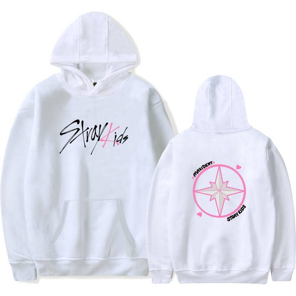 Star4Kids white hoodie with K-pop inspired graphic design, featuring stylish text and a pink star emblem, perfect for K-pop fans and merchandise enthusiasts.