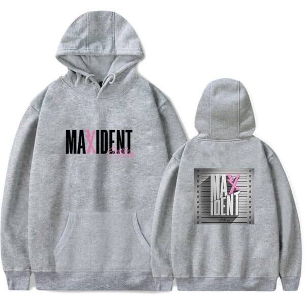MAXIDENT hoodie with black and pink graphic design, perfect for K-pop fans and merch collectors.