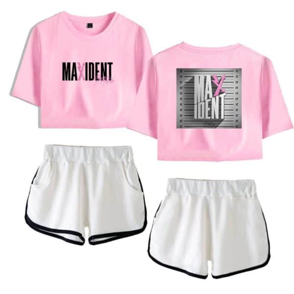 Maxidnt pink graphic T-shirt with black and pink text, casual streetwear for K-pop fans.