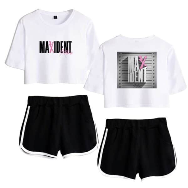 Maxidnt kpop merch white cropped t-shirts with black and pink graphic print and black athletic shorts with white trim, perfect for K-pop fans and fashion enthusiasts.