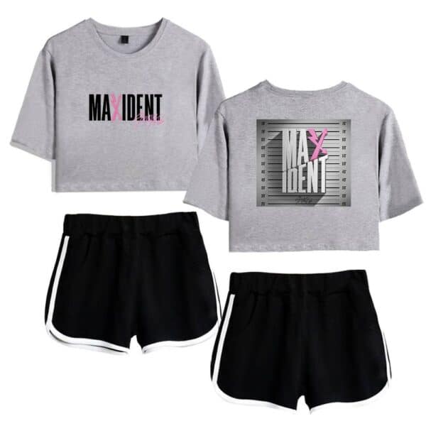 Maxidnt kpop merch sweatshirt and shorts set, grey top with black shorts, trendy casual style for K-pop fans, perfect for concerts or daily wear.