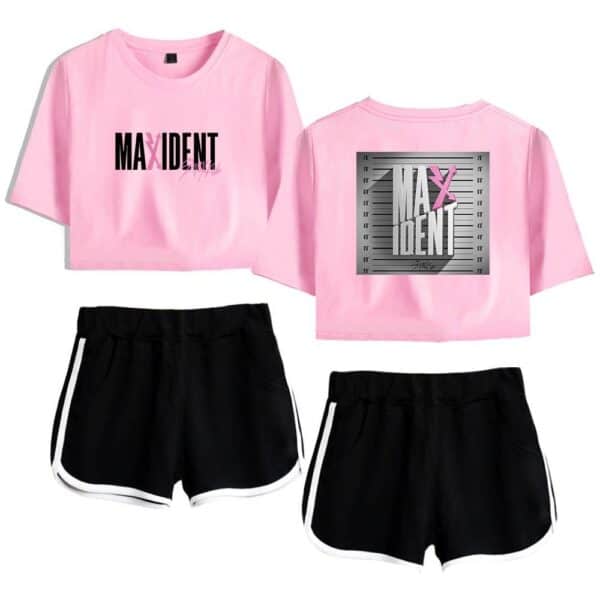 MA X IDENT pink cropped T-shirt with graphic design and black athletic shorts with white trim, perfect for K-pop fans.