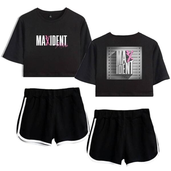 Maxident MTV graphic crop top and athletic shorts set, trendy Kpop merch for fans, stylish black outfit featuring bold text and graphic design, perfect for concerts or casual wear.