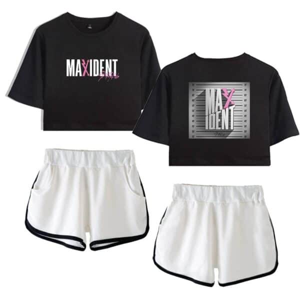 Maxidnt graphic crop top and shorts set, stylish K-pop merch for fans, featuring bold prints and comfortable fit, perfect for casual wear or concert outings.