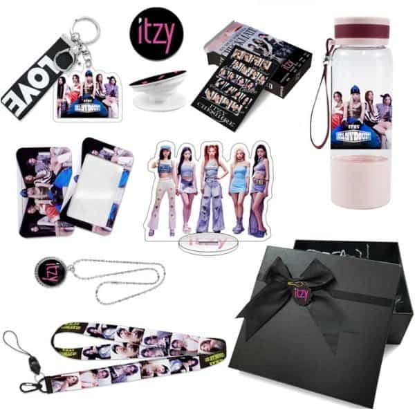 Itzy merchandise collection including keychains, photo cards, stickers, a water bottle, and a gift box featuring the K-pop group Itzy for fans.