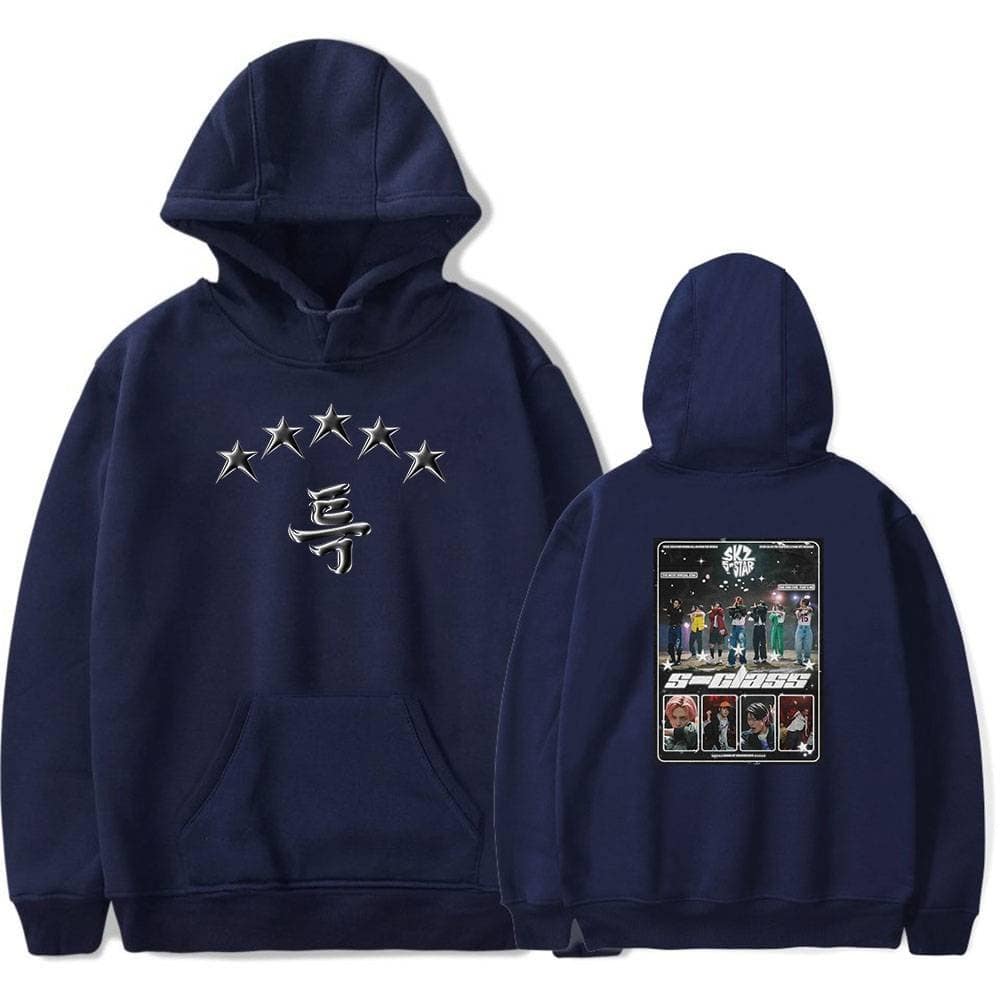 Starry night navy hoodie with K-pop group logo and star embellishments, featuring a BTS-inspired design and a back print of the S-Class group cast. Perfect for Kpop fans and merchandise collectors.