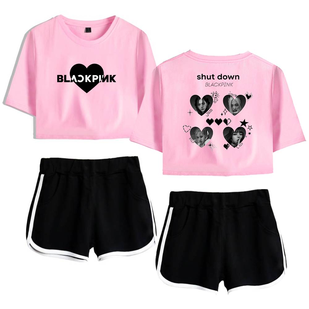 Blackpink graphic designed pink crop top with black shorts, trendy K-pop merchandise for fans.