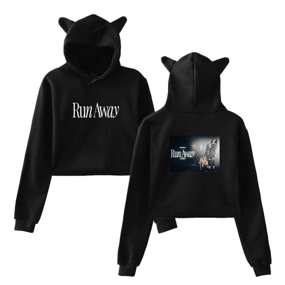 Run Away black hoodie with cat ears, featuring a printed design of a girl with a guitar and the text "Run Away". Perfect for K-pop fans and merchandise collectors.