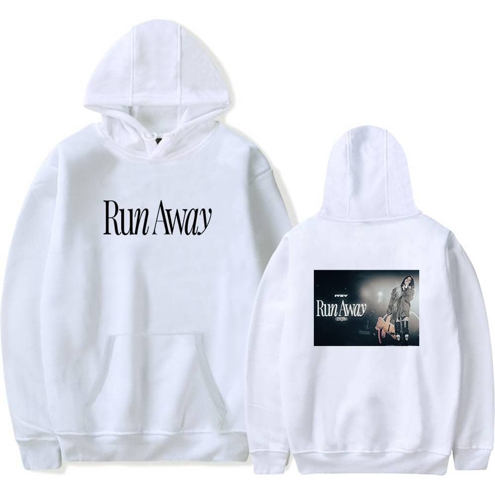 Run Away Kpop merch hoodie with a front text print and back graphic design featuring a singer with guitar. Perfect for Kpop fans who love stylish, comfortable apparel that showcases their favorite song.