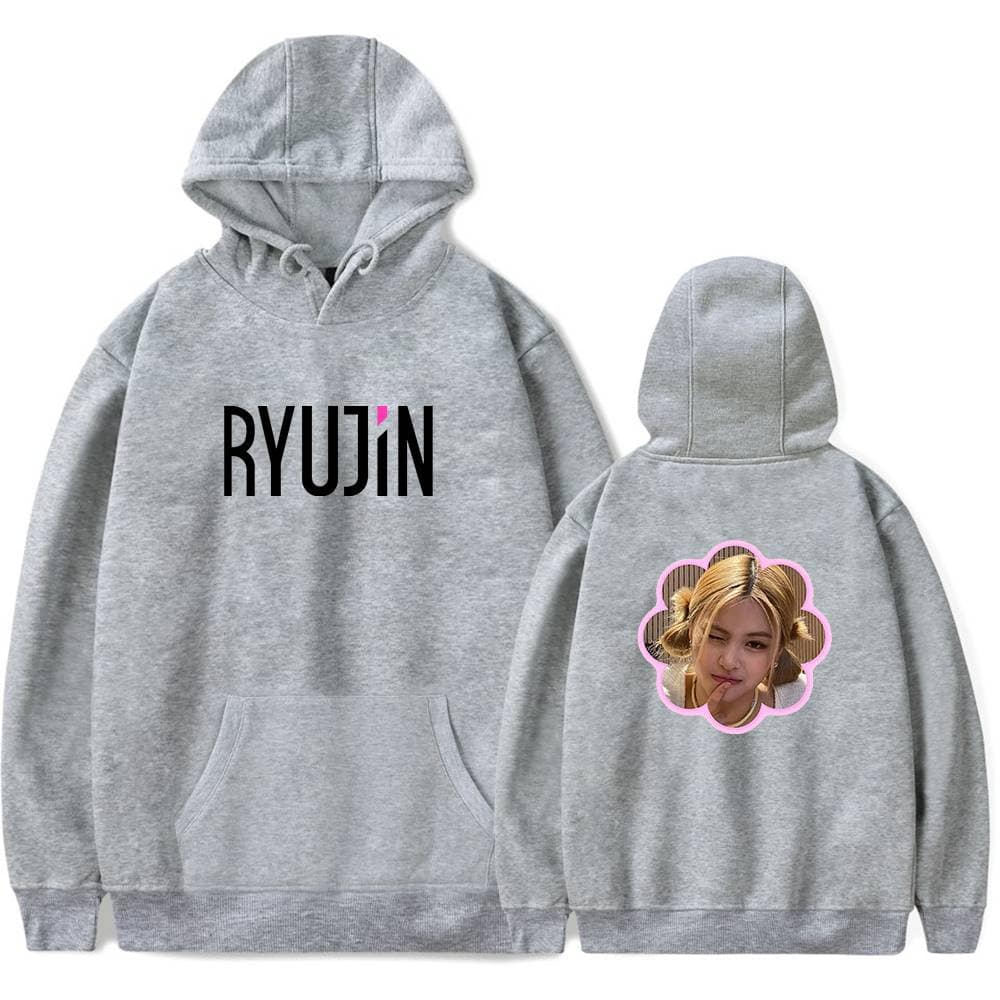 RYUJIN K-pop merch hoodie with a front logo and rear photo of a female idol, perfect for fans of K-pop fashion and collectible apparel, vibrant and stylish for casual wear.