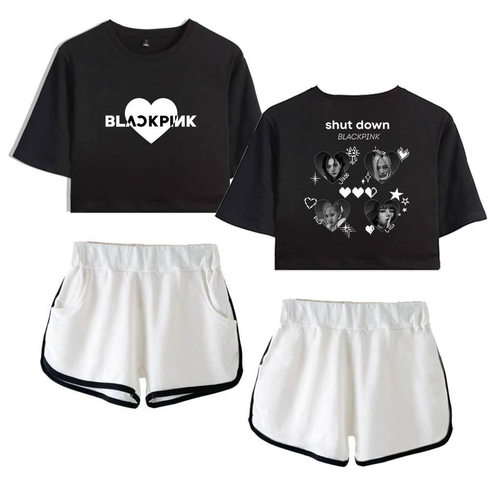 Blackpink K-pop merchandise crop top and shorts set.