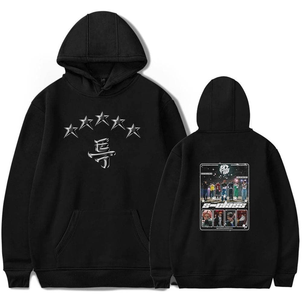 Starry black hoodie with BTS-inspired design and group photo print on the back, perfect for K-pop merchandise fans.