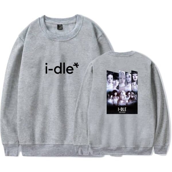 I-dle sweatshirt with group photo and logo, grey sweatshirt, K-pop merchandise.