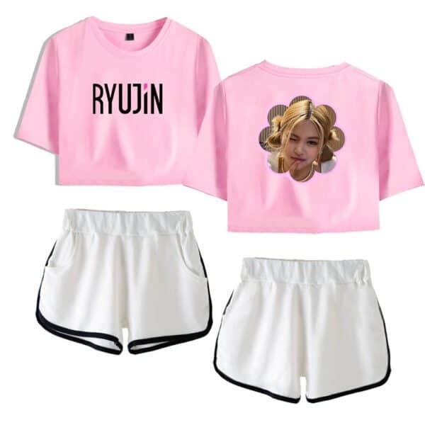 RYUJIN pink cropped T-shirt with printed text and photo print back, sporty white shorts with black trim, K-pop merchandise perfect for fans.